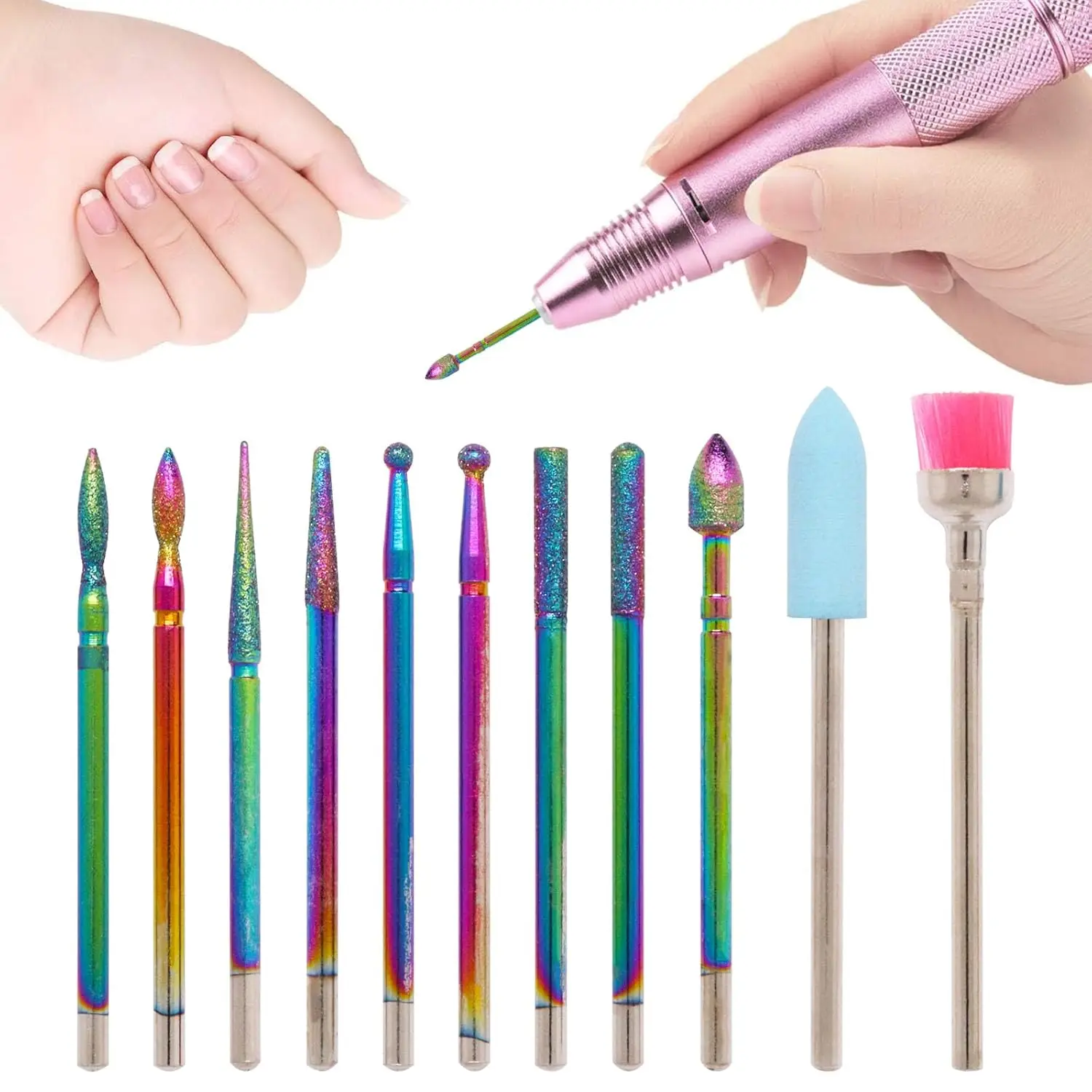 19pcs 네일 드릴 비트 키트 네일 클리너 비트 볼 모양의 비트 불꽃 비트 브러시 세라믹 네일 파일 비트 네일 올인원 세트