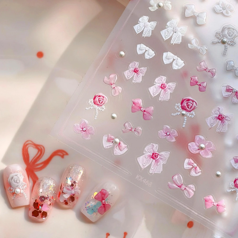 

Pink White Cute Pearl Rose Bowknot Jelly 3D Self Adhesive Nail Art Sticker Shiny Lovely Ribbon Bow Tie 5D Reliefs Manicure Decal