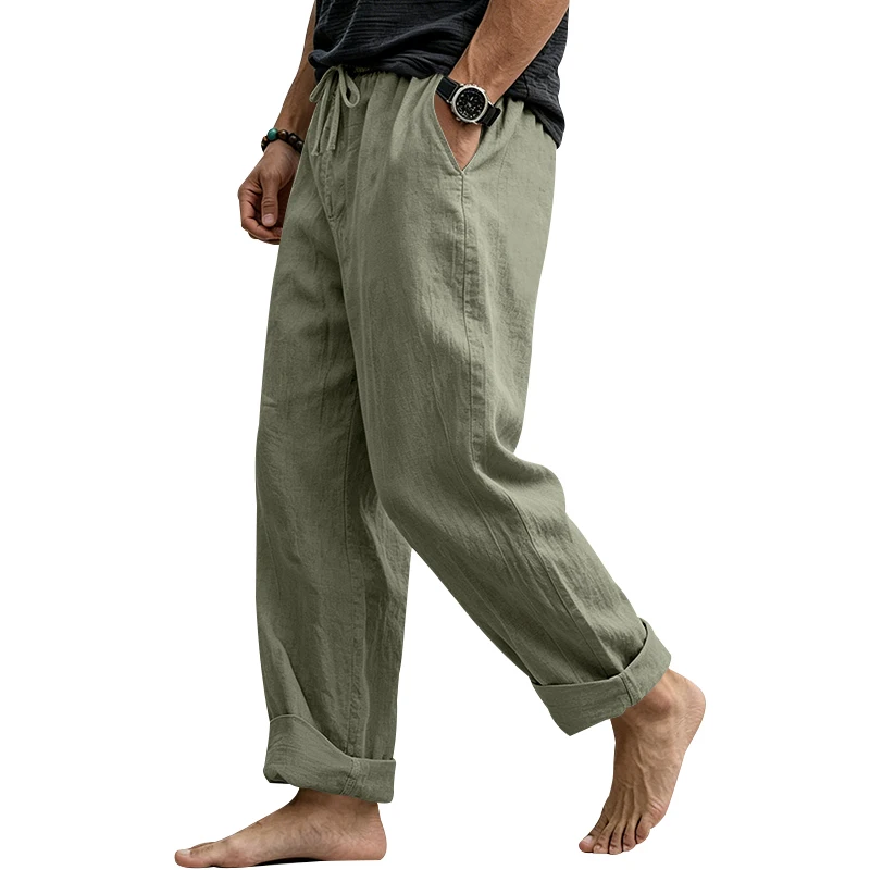 Sommerliche Herren-Leinenhose, Lässige Hawaiian-Hose mit Elastischem Kordelzug, Atmungsaktive Gerade Lange Hose mit Taschen für Alltag und Zuhause – Detail 19