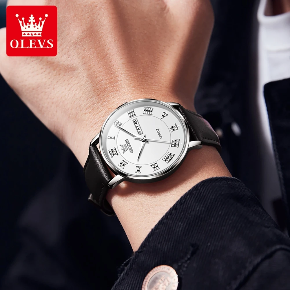 OLEVS Men\'s Watches Casual Fashion Simple Original Wristwatch for Man Comfortable Leather Strap Waterproof Luminous Date Week