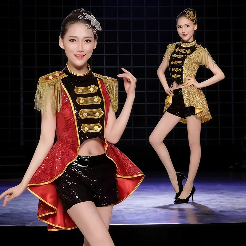 

Новый женский костюм для джазовых танцев с пайетками, бахромой и открытым животом, комплект для выступлений для взрослых женщин