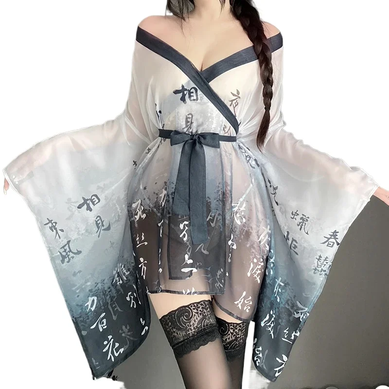 Japanese Kimono Porn Women Robes Sexy Lingerie See Through Mesh Nightgown Perspective Bathrobe Temptation Pajama