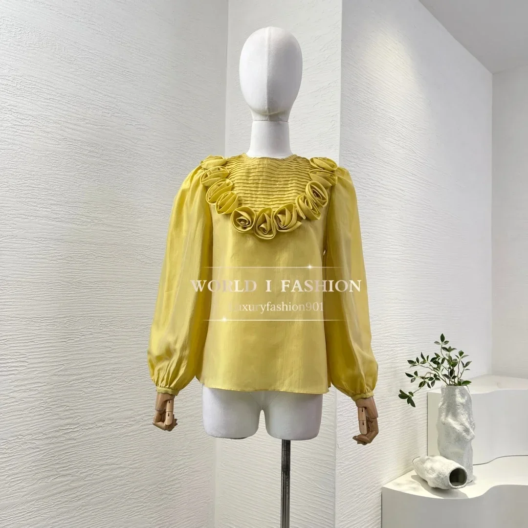 

Appliqued Pleat Blouse Tops 2025 New Beautiful White Apricot Long Sleeve Flowers