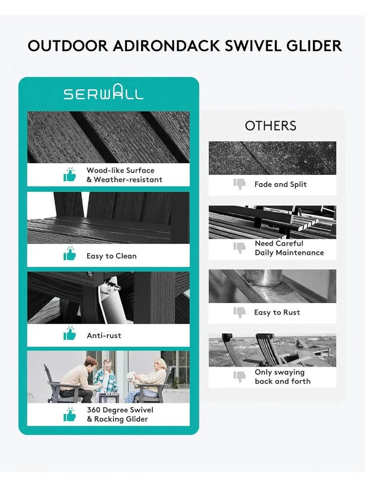 كرسي Adirondack Swivel Glider، مجموعة طائرة شراعية دوارة HDPE مكونة من 2 للأماكن الخارجية، كرسي طائرة شراعية لجميع الأحوال الجوية للشرفة والشرفة وMi