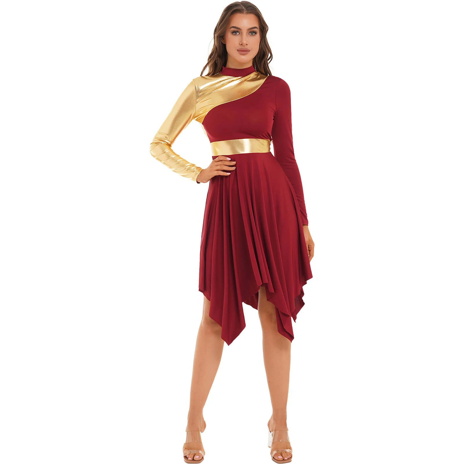 Damen Tanz Performance Kostüm Kontrast farbe Patchwork Kleid Langarm asymmetrische Saum Kleider