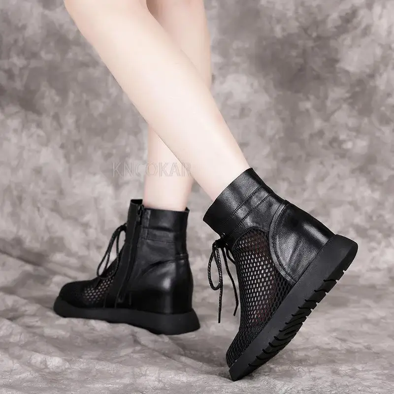 Round toe boots women's summer mesh boots non-slip all-match single boots inner heightening cool boots spring and autumn