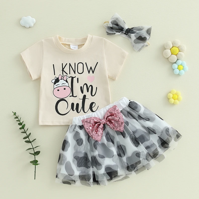 Toddler Girl Summer Outfit Letter Cow Print Short Sleeve T-Shirt with Tulle Skirt and Bow Headband 3 Pcs Set