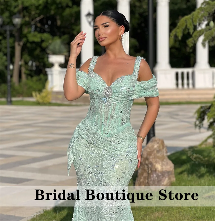 Robe de soirée sirène de luxe en cristal vert, avec diamants et perles en dentelle, robes de bal formelles pour fête de mariage, personnalisées