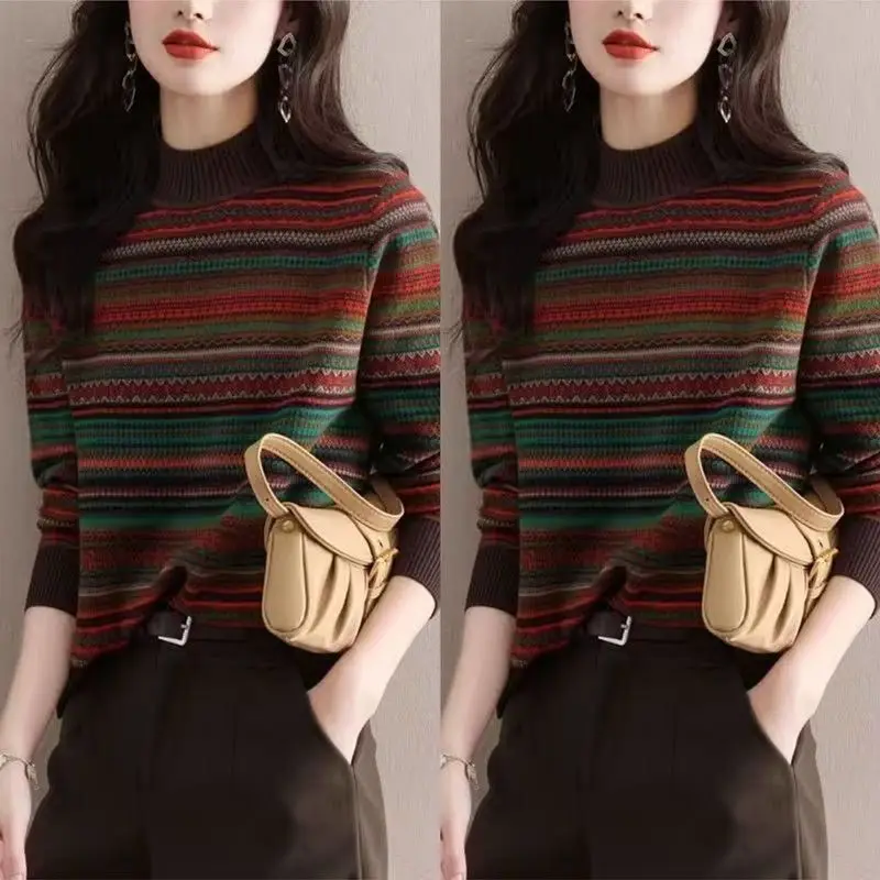 Fashionable plus Size Women's T-Shirt Retro Stripes Loose Belly Cover Half High Collar Base Shirt Autumn Winter Casual Style ...