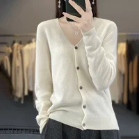 Cardigan à col en V pour femme, pull en cachemire, tricots pour femme, vêtements coréens, 100% laine mérinos, nouvelle mode, printemps et automne 2024 4