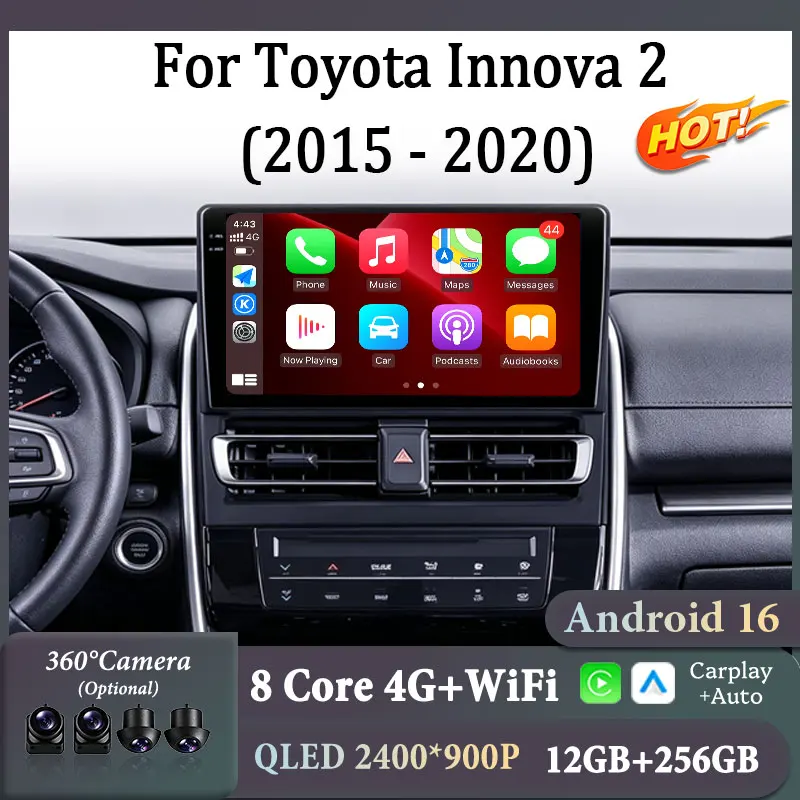 For Toyota Innova 2 2015 - 2020 Multimedia Video Player 9 Inch QLED IPS Touch Screen Head Unit Wireless CarPlay Android 16 BT 4G