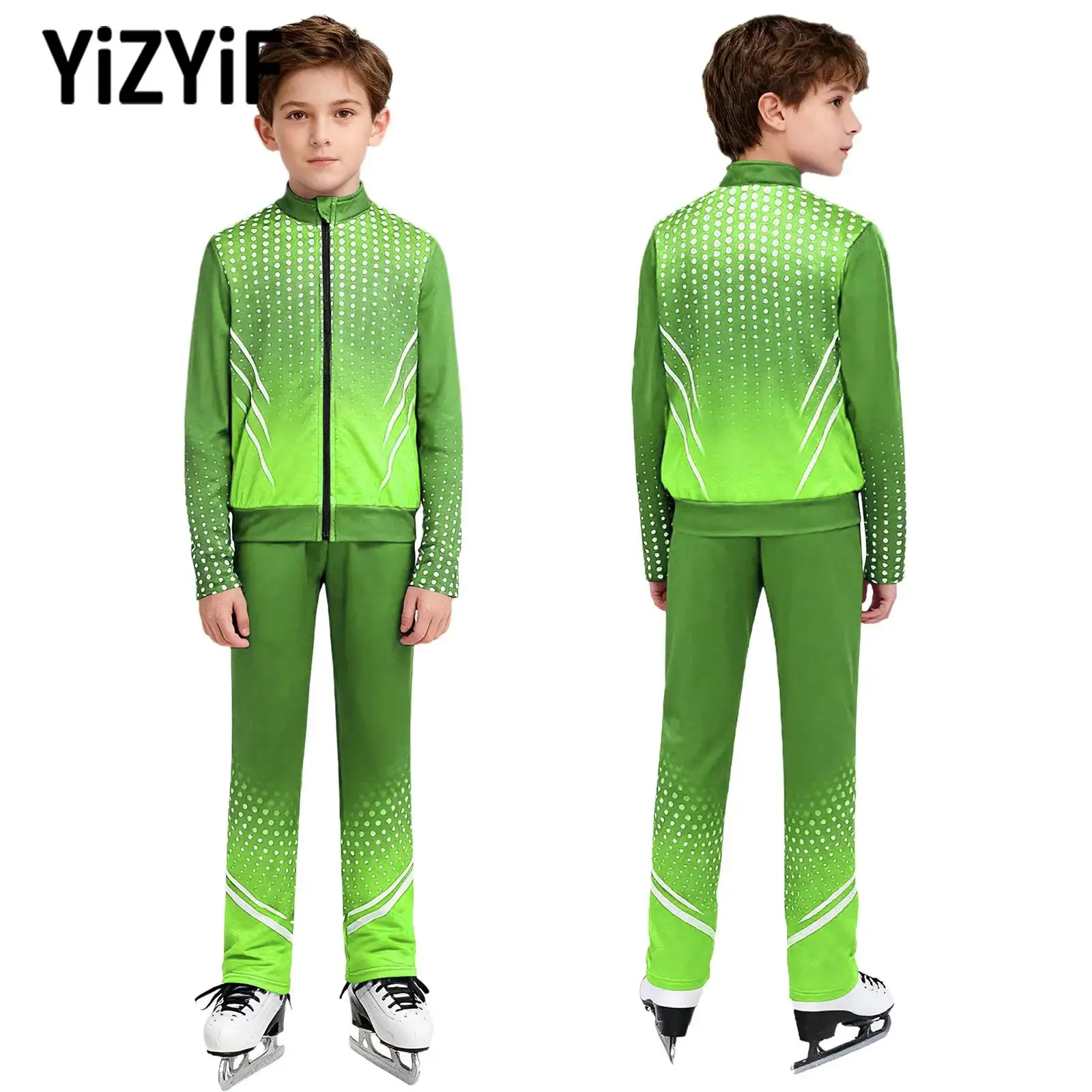 

Boys 2Pcs Figure Ice Skating Dance Practice Costume Long Sleeves Thumbholes Dots Zipper Jacket+Pants Teen Roller Skating Clothes