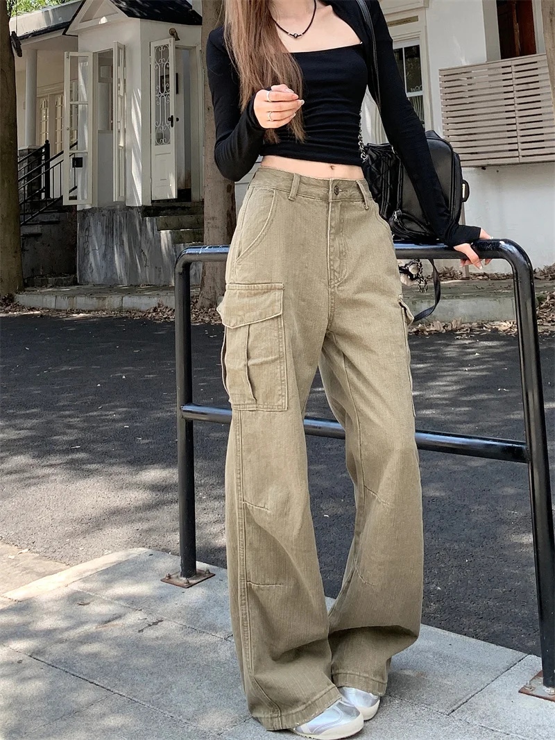 Y2K hot girl khaki cargo pants for women high-waisted multi-pocket wide-leg floor-length pants slimming height-enhancing leg-lengthening