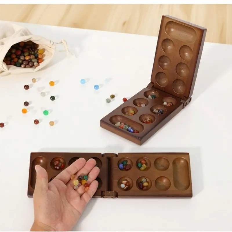 Conjunto de xadrez africano mancala antigo, jogo de tabuleiro essencial, madeira de qualidade trabalhada, grânulos de pedra espectacular, jogo de festa divertido para família