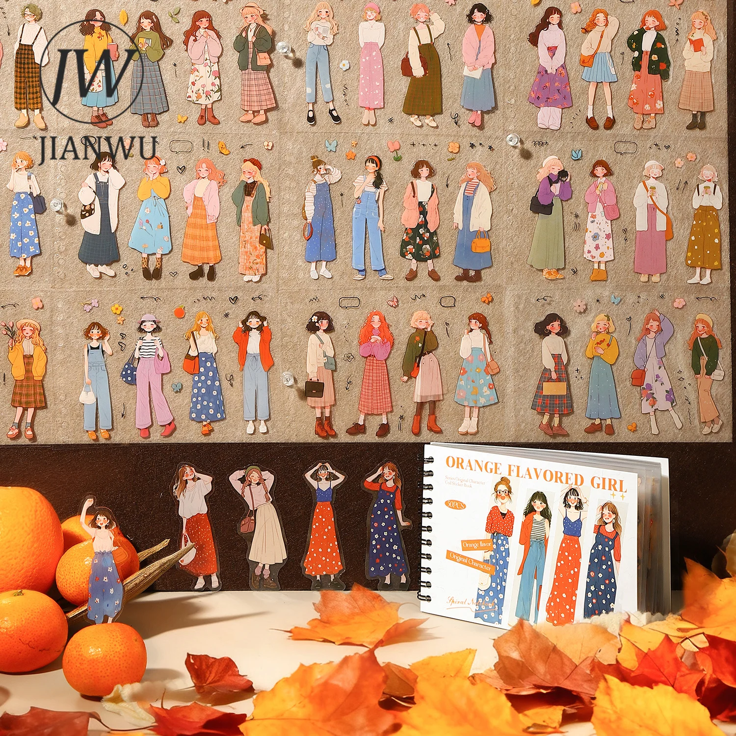 JIANWU Orange Flavor Girl Series Kawaii Character Landscape Material Collage Scrapbook Sticker Book Creative Journal Stationery