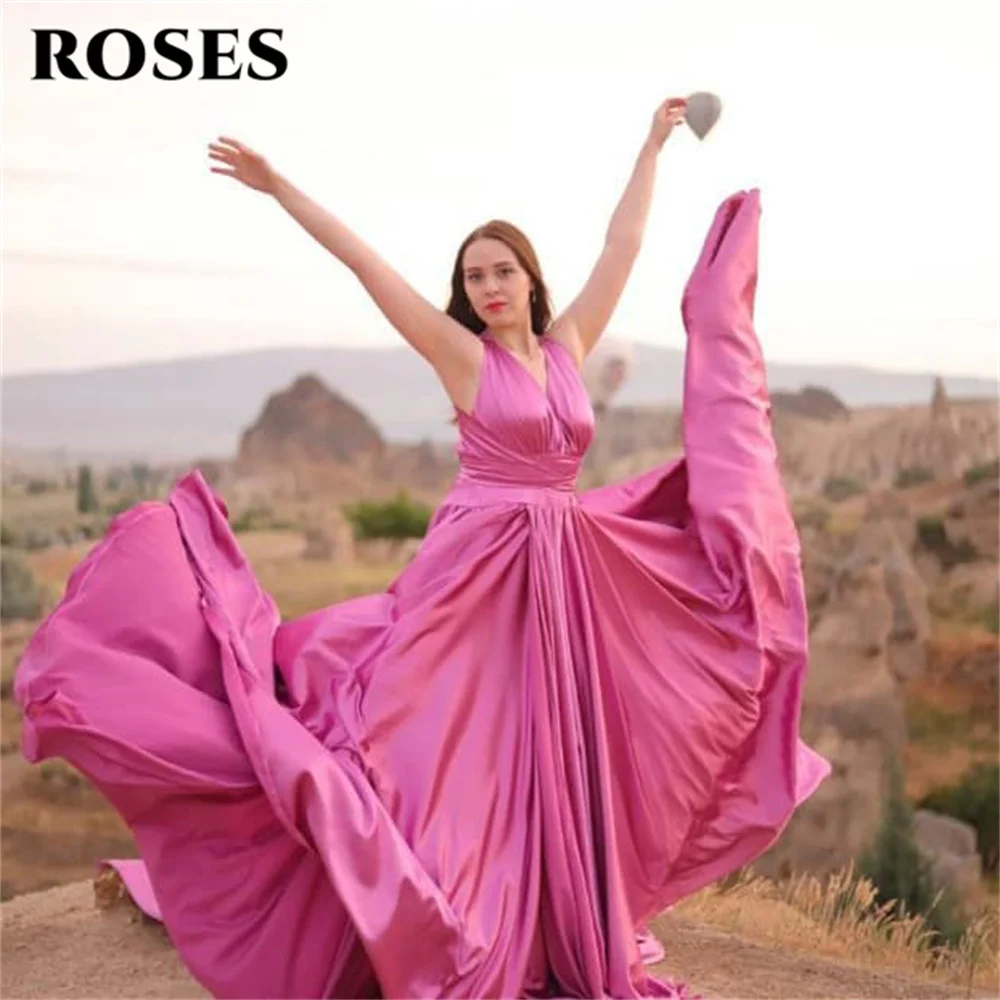 

ROSES Fuchsia Soft Stain Formal Dresses V Neck Party Dress For Wedding Special Occasion Dress With Big Long Train فساتين السهرة