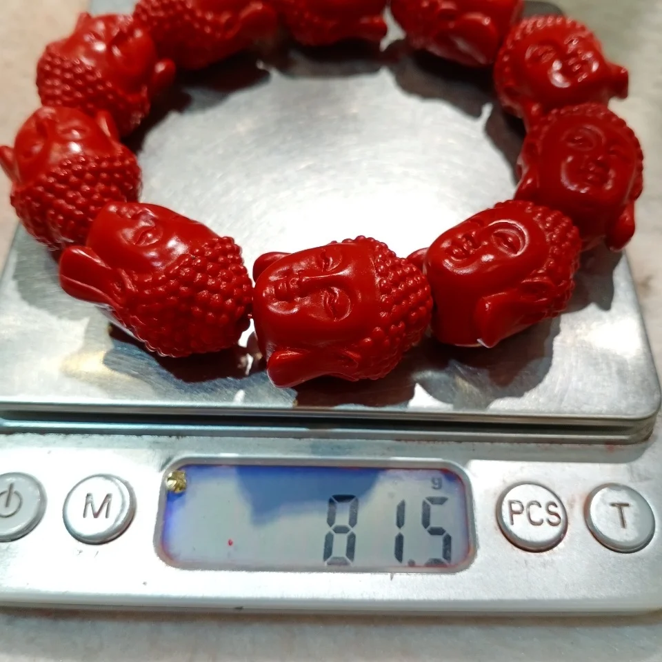 Red Cinnabar Buddha Head Double-sided Avalokitesvara Bracelet Buddha Head Bracelet for Men and WomenTai Sui  Amulet