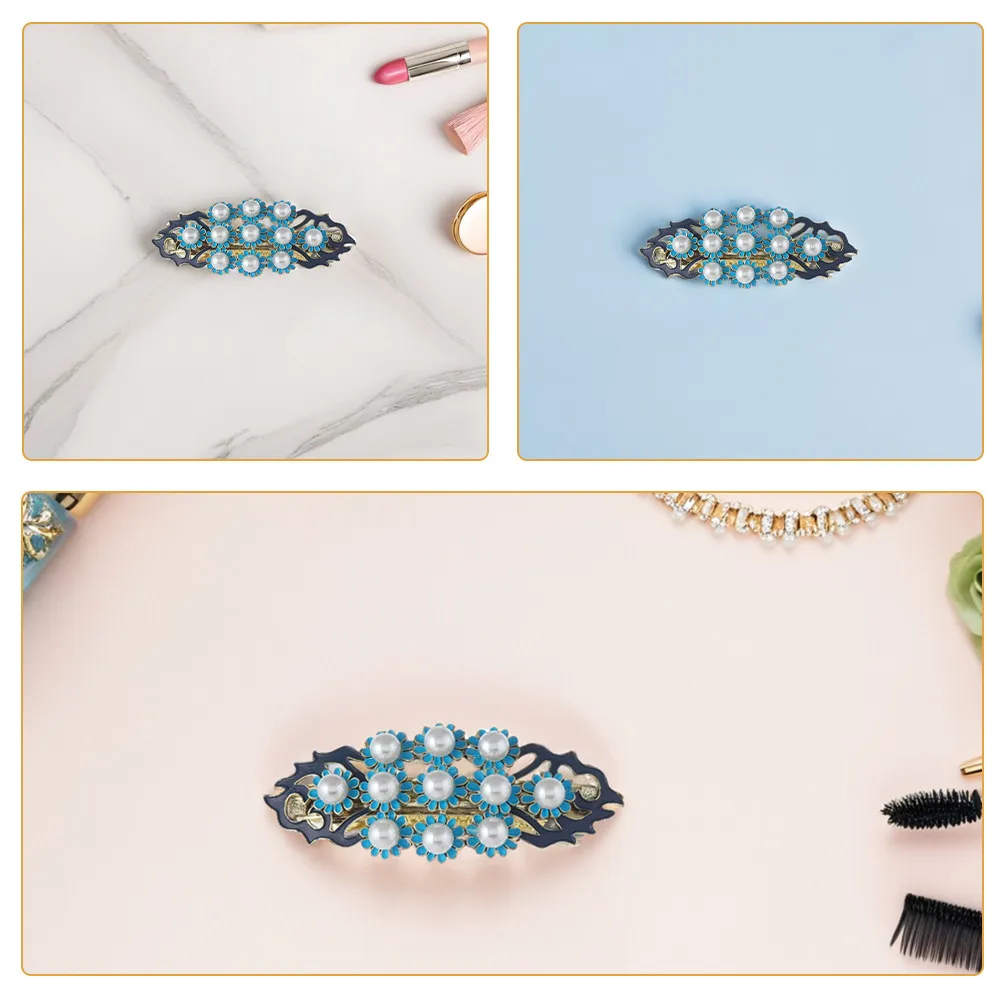 Chinese Retro Hairpin Delicate Floral Design with Realistic Pearls Spring Clip Hair Accessory for Wedding Ceremony Outfit