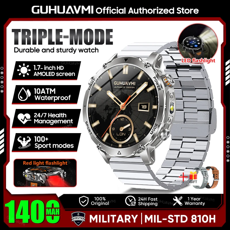 2026 Neue TANK Ultra 1400mAh Batterie Militär-Smartwatch 10ATM Wasserdicht Herzfrequenz Taktische LED-Taschenlampe Herren Sportarmband
