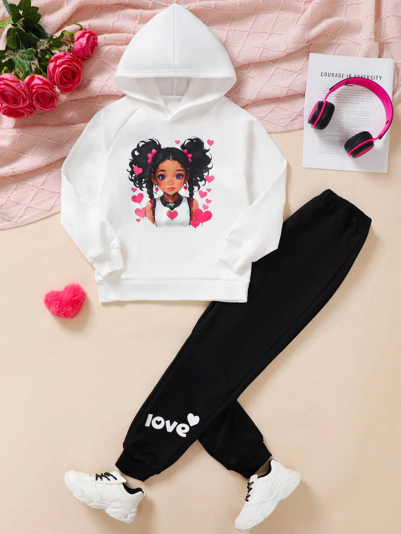 

2PCS,Trendy Teen Girl Set: White Love Cartoon Hoodie + Black "love" Sweatpants - Perfect for Leisure & School.