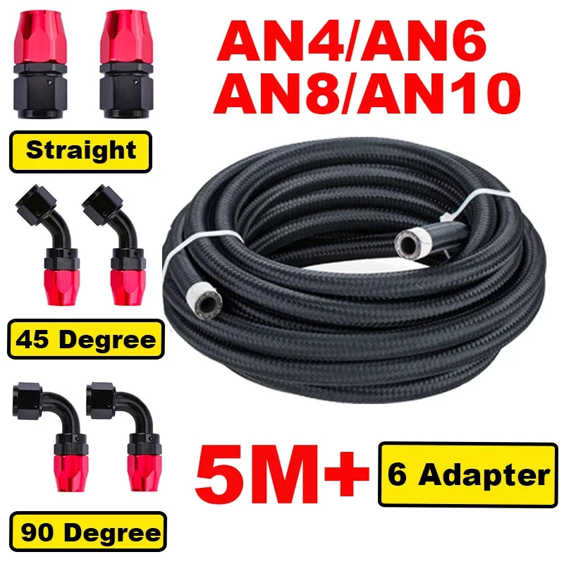 

16FT 5M AN4 AN6 AN8 AN10 Stainless Braided Nylon CPE Oil Fuel Fitting Hose End 0+45+90 Degree Oil Adaptor Kit Oil Fuel Hose Line