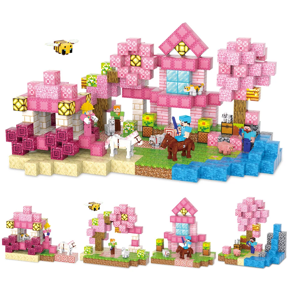 

103pcs Magnetic Blocks Set Sakura Castle Scene Kid Building Toys Magnet World Model for Child STEM Montessori Sensory Cubes Gift