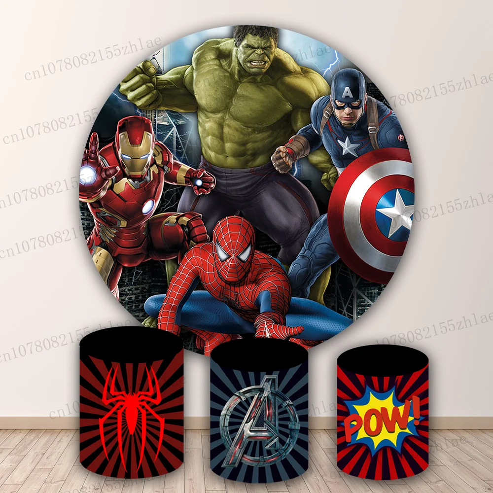 Avengers Birthday Party Photo Backdrop Baby Shower Banner Round&Cylinders Plinth Covers Photo Background