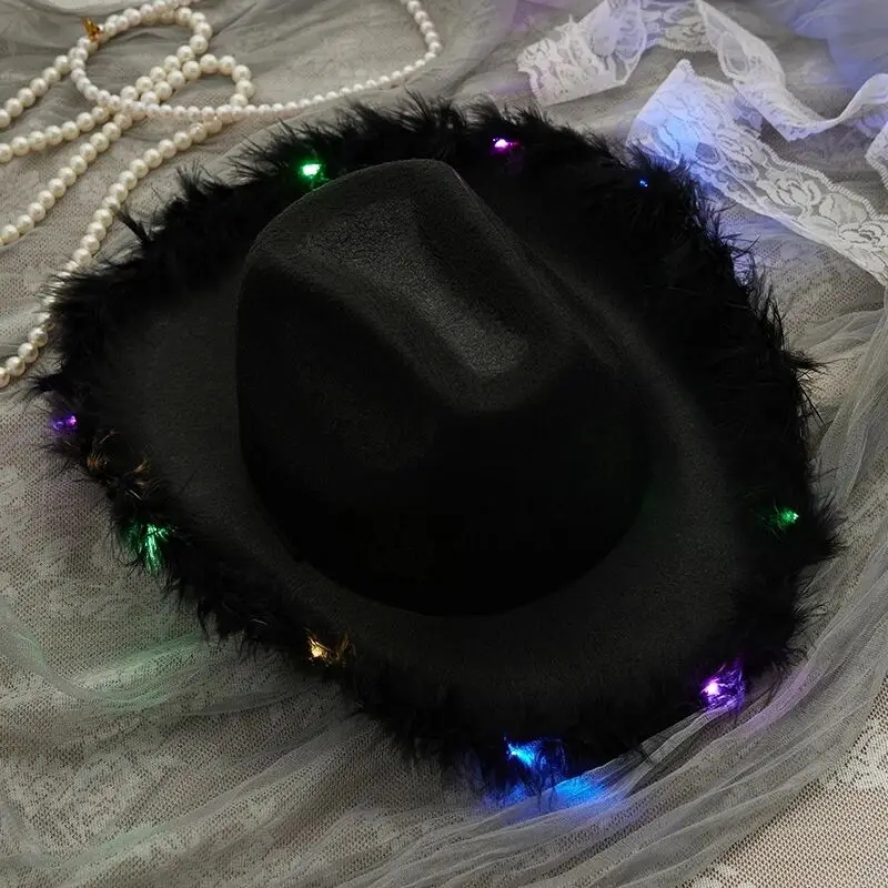 10 Uds sombreros de fiesta de fieltro sombrero de vaquero de moda con luz LED colorida divertido fiesta disco sombrero de vaquera rosa para mujeres y hombres
