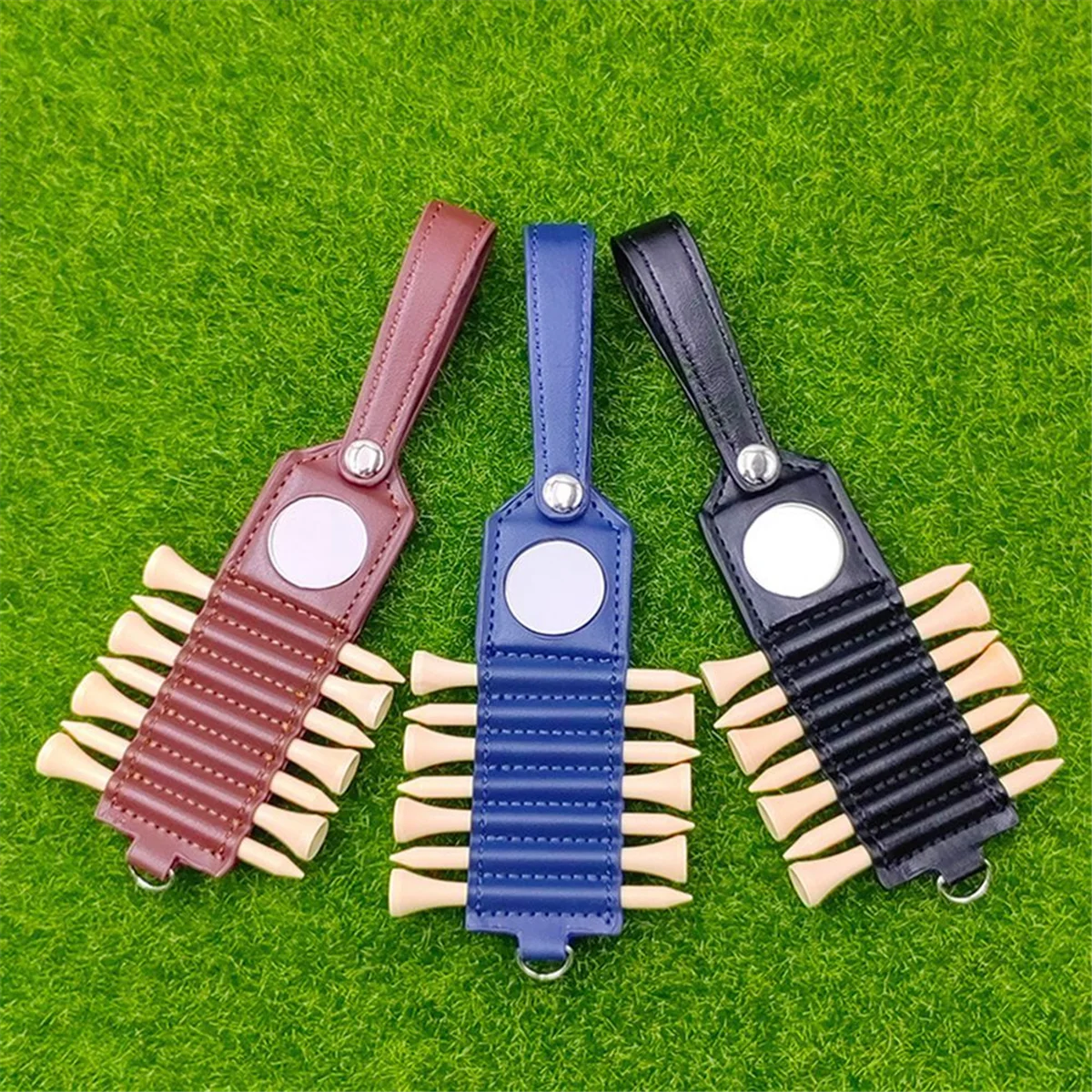 Golf Tee Storage Leather Holder , Set of 7, Including 7 Tee and Ball Tags,Golf Bag Accessories,Blue