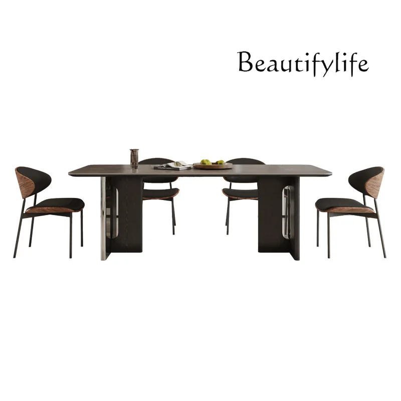 

Italian small apartment solid wood rock slab dining table retro style rectangular household dining table adornos de sala