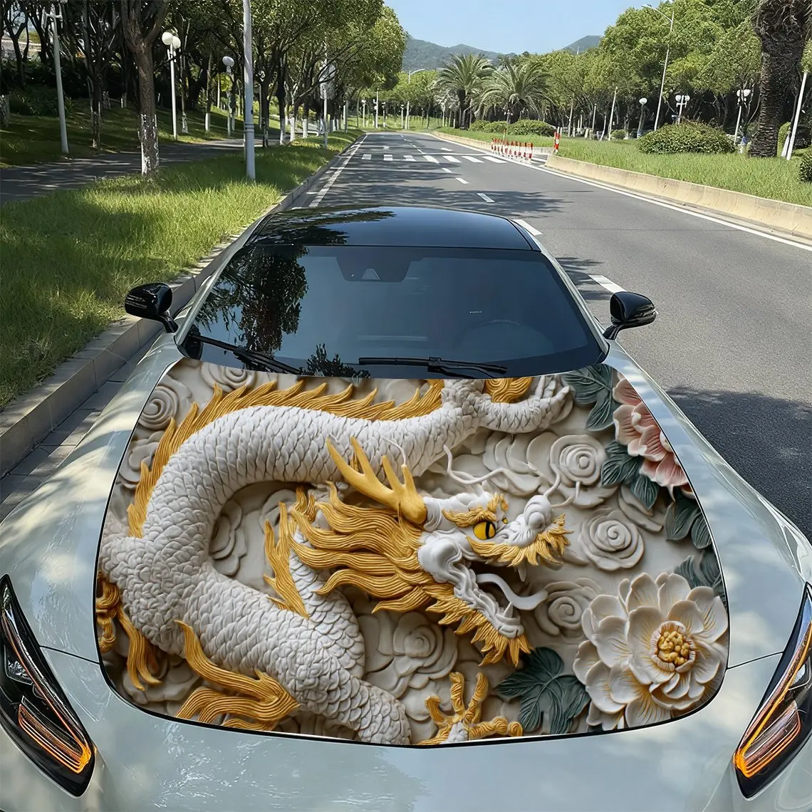 Relief White Dragon Floral Chinese Dominant PVC Car Hood Wraps, Self-Adhesive Waterproof Car Bonnet Decal Sticker, Car Decoratio