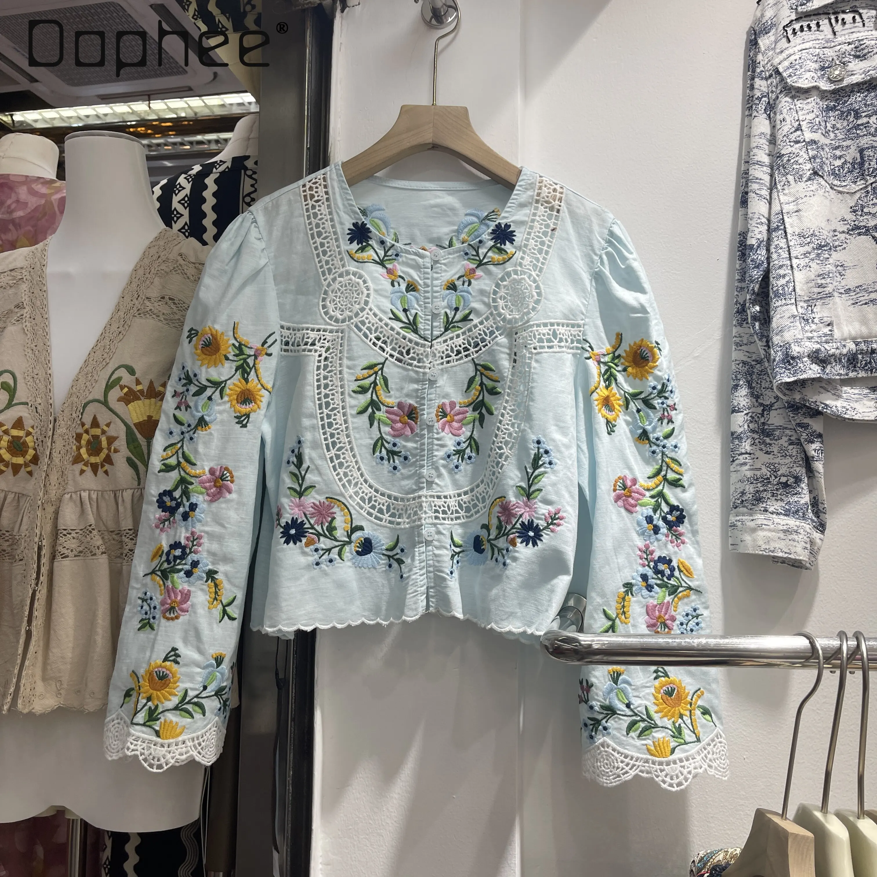 

French Style Light Luxury Hollow Lace Colorful Floral Embroidered Long Sleeve Crew Neck Shirt Womens Tops