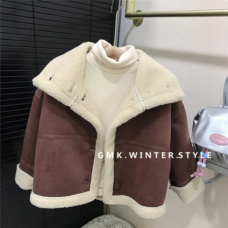 Korean Children's Clothing Boys and Girls Autumn Winter Jacket Fashionable Turn-down Collar Stylish Children's Warm Fleece Suede