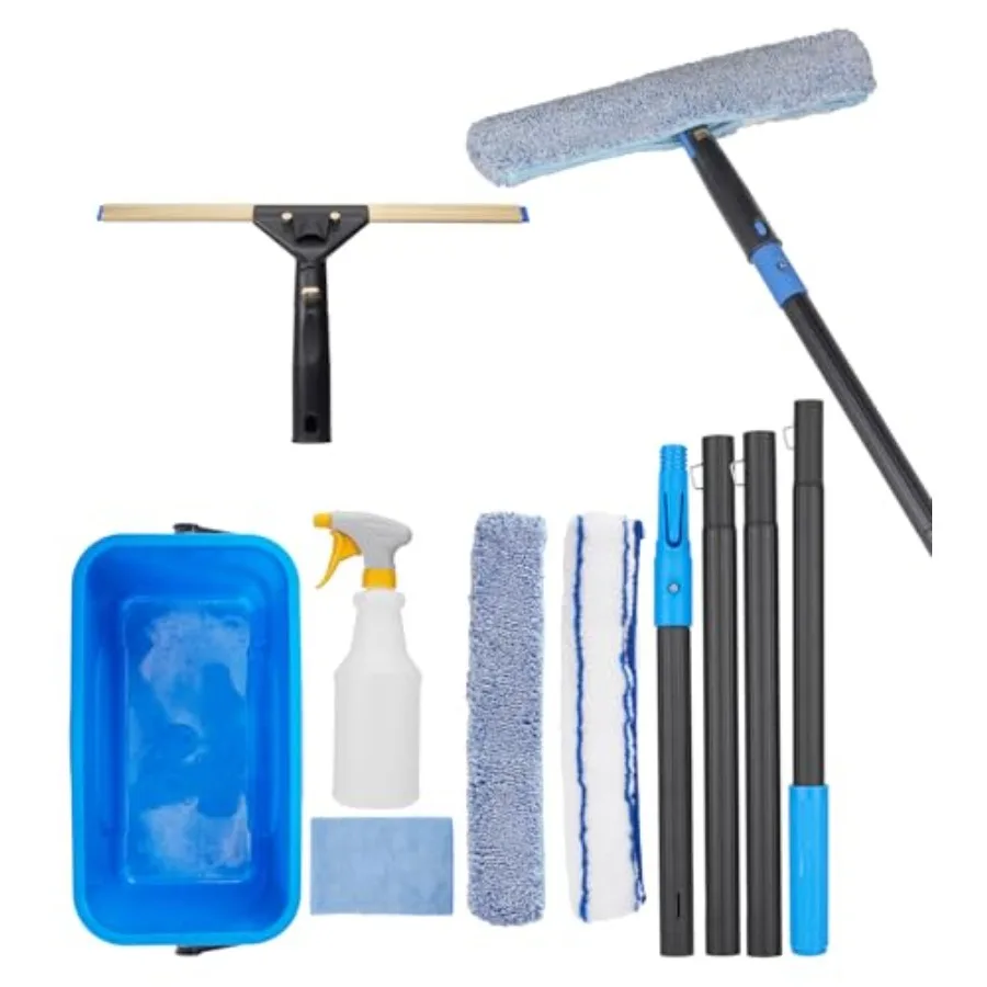 

Window Cleaning Kit with Storage Bucket Window Squeegee with 4.13ft Extension Pole Scrubber Spray Bottle Duster Cloth Squeegee