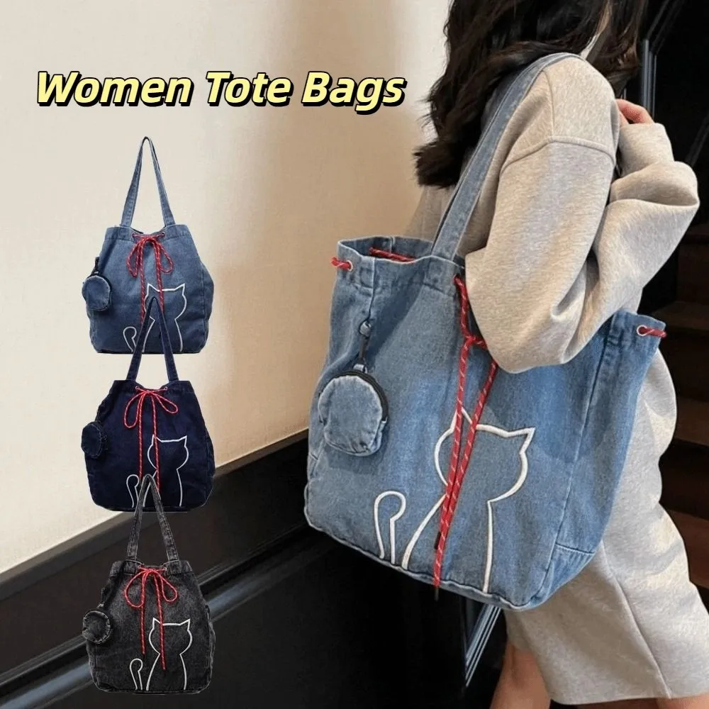 

Stylish Vintage Women Tote Bags Y2k Denim Kitty Shoulder Bags Harajuku Large-capacity Drawstring Bag With Small Bag