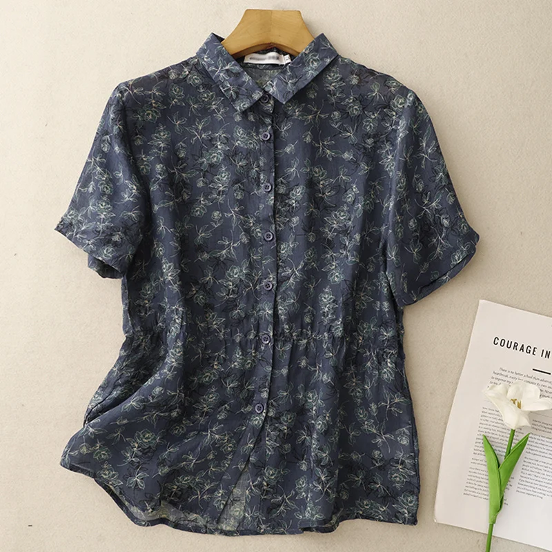 

Turn Down Collar Cotton Ramie Top Women Short Sleeve Floral Print Shirts Summer Casual Single Breasted Blouses