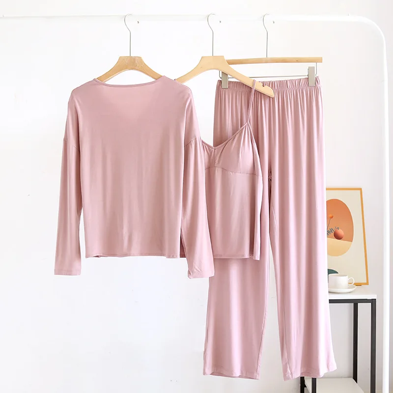 

Удобные весенне-осенние пижамы, женский модальный комплект из трех предметов, кардиган с длинными рукавами, подтяжки, брюки, одежда для сна, домашний костюм