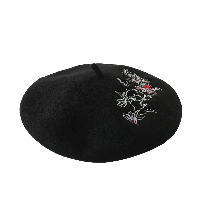 X189  Adult Wool Beret Hat Flower Embroidered Wool Beret Painter Hat Ladies Woolen Caps image 5
