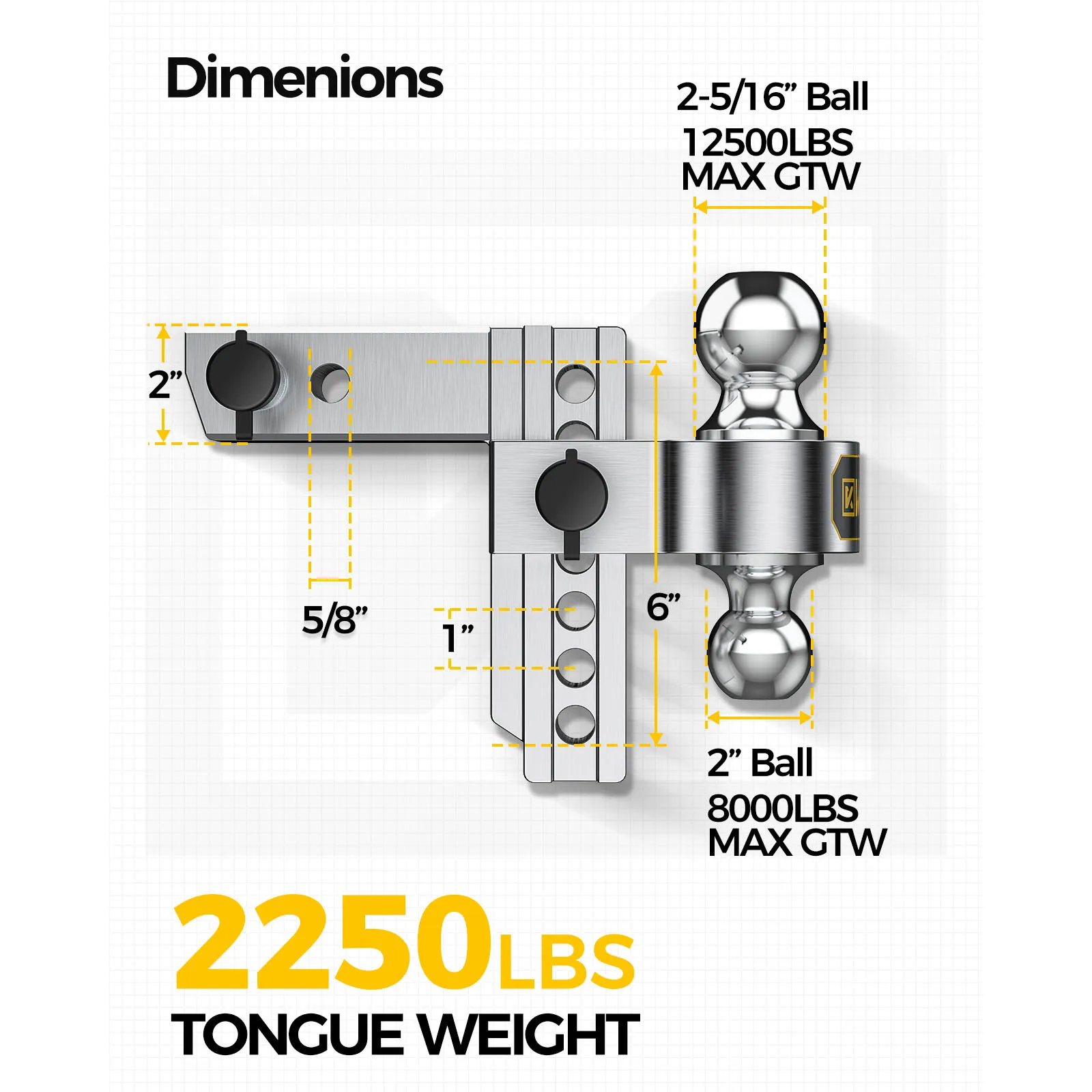 

KYX Ball Mount Adjustable Trailer Hitch Fits for 2" Receiver/2.5" Receiver, 6 Inch/8 Inch Drop/Rise, 12500 LBS/18, 500 LBS GTW, Heavy Duty Dual Ball (2'' X 2-5/16'') Tow Hitch with Double Anti-Theft Pins Locks for Trucks