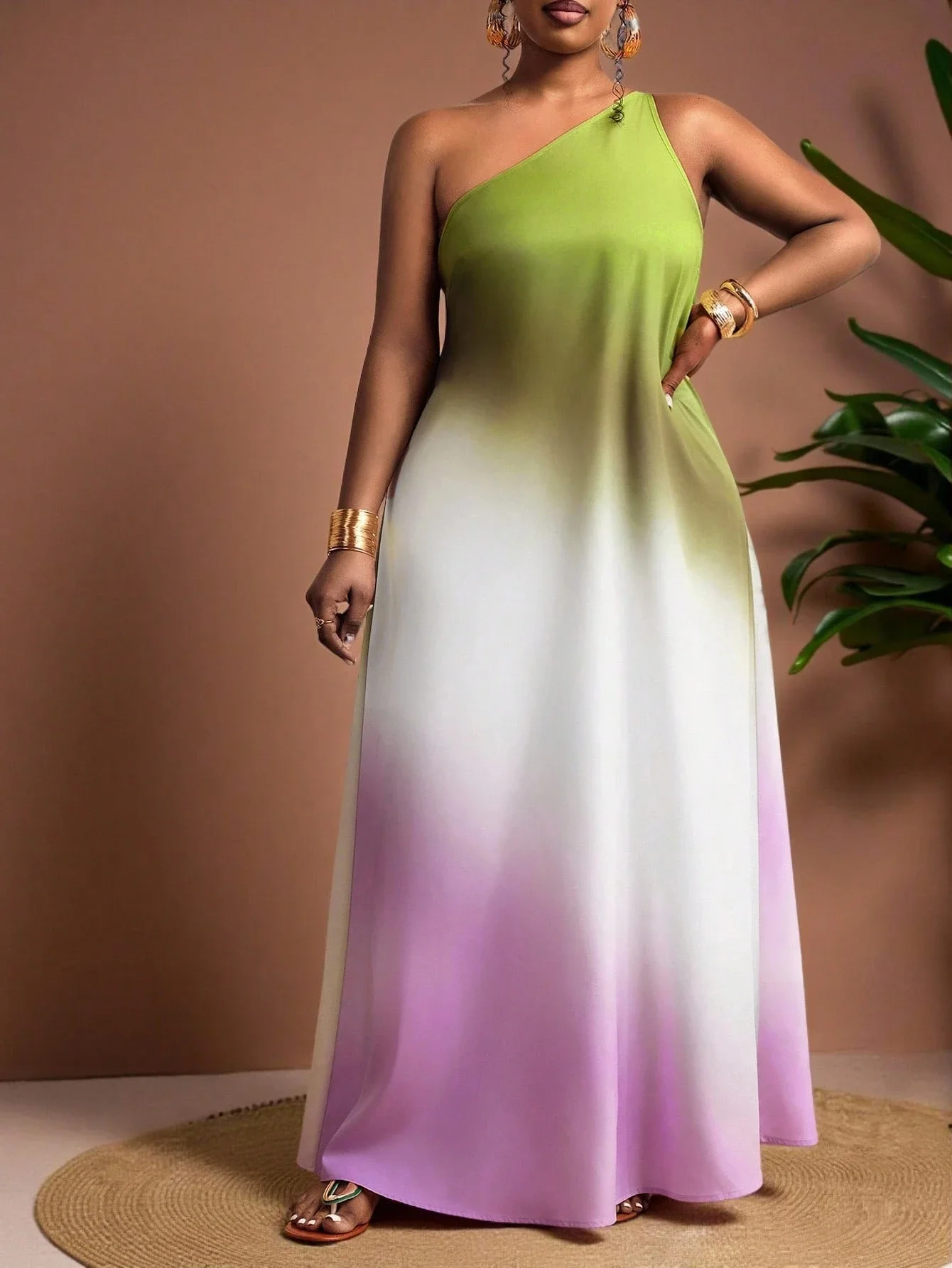 

Plus Size One Shoulder Ombre Maxi Dress For Women Vacation Beach Party