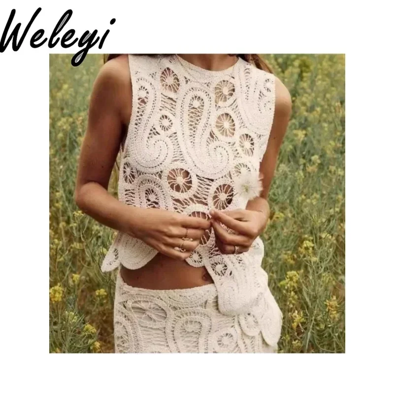 Eelgant Hollow Mesh Crochet Skirt Set 2024 Summer New Ladies Irregular Sleeveless Vest Top Mid-length High Waist Skirts Suits