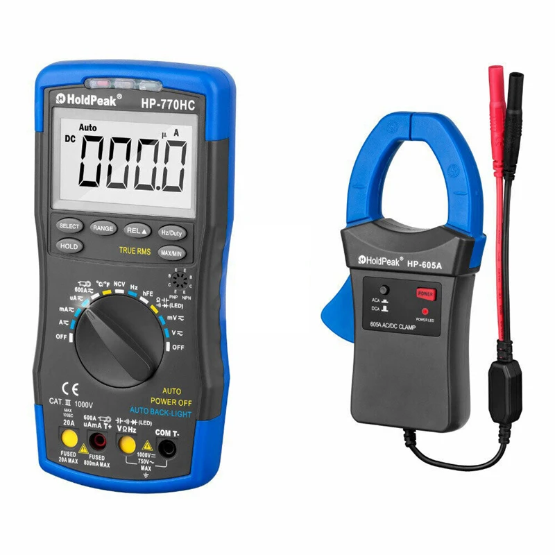 

Holdpeak HP-770HC True RMS Autoranging Probe Digital Multimeter With NCV+HP-605A Clamp Adapter 600A AC/DC Current Power LED 45Mm