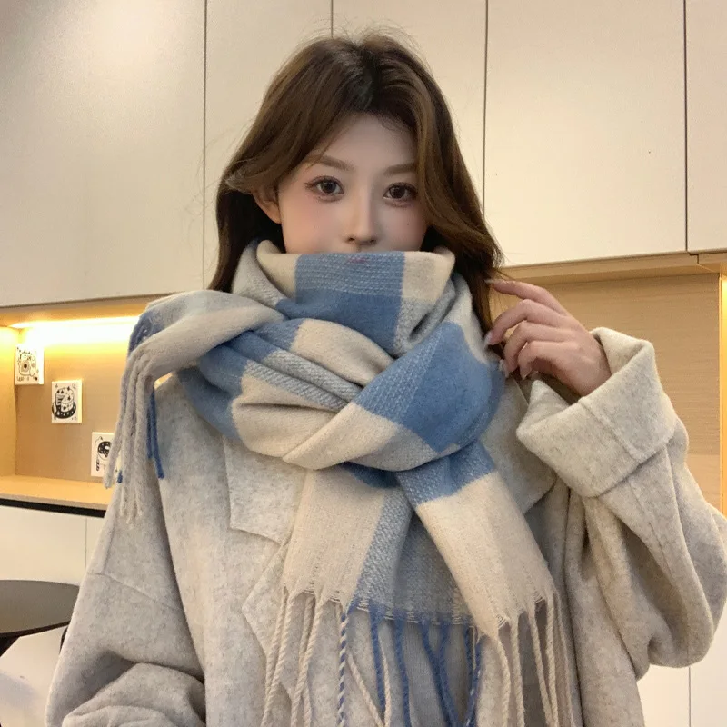 Blue men's plaid scarf warm and versatile autumn and winter student couple Korean long tassel scarf for girls