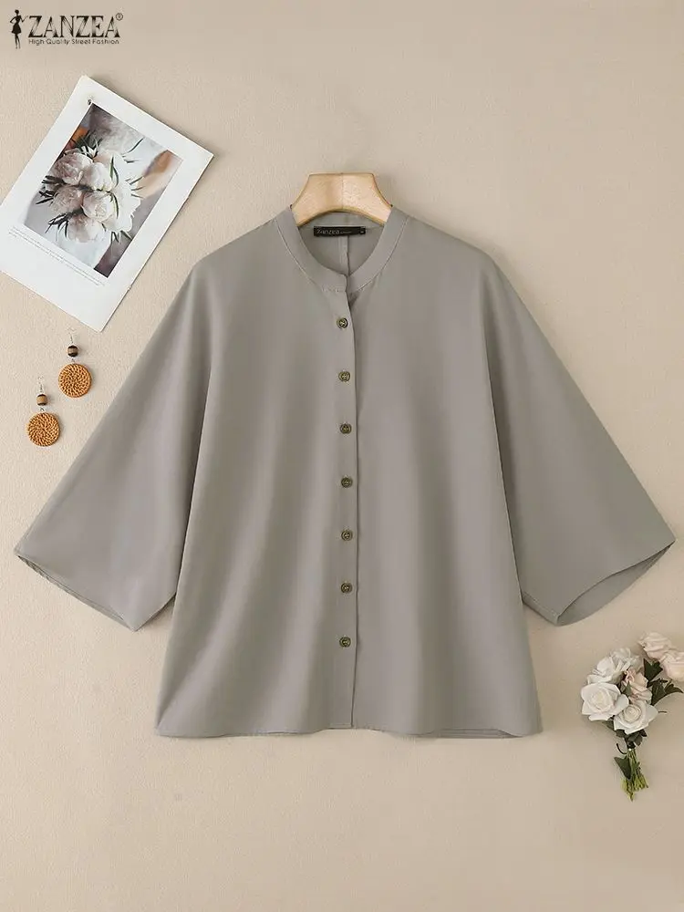 

Женские осенние свободные рубашки большого размера, повседневные уютные однотонные легкие рубашки с круглым вырезом и рукавами 3/4, ZANZEA, женская одежда, S-3XL