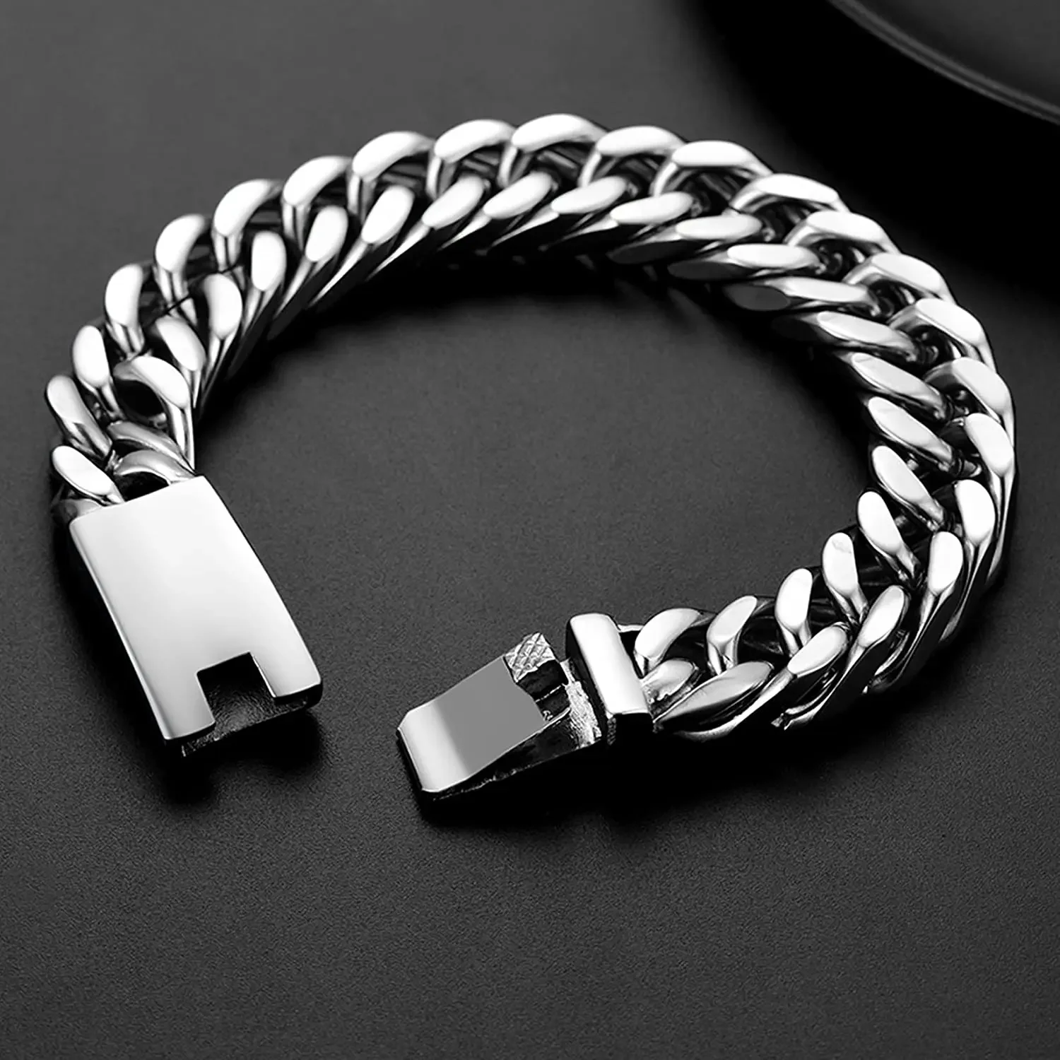 U7 Stainless Steel 16mm Wide Thick Chunky Cuban Curb Link Chain Bracelet for Man Laser Engraving Text Bar Clasp Closure Bracelet