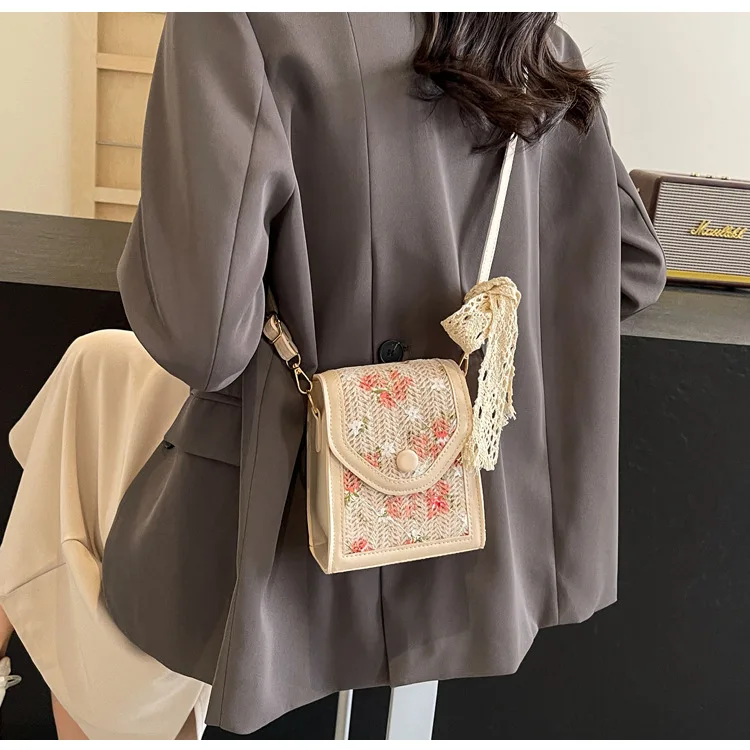 

Вертикальная квадратная соломенная тканая сумка, женская сумка через плечо, милая свежая кружевная сумка для мобильного телефона, сумка через плечо