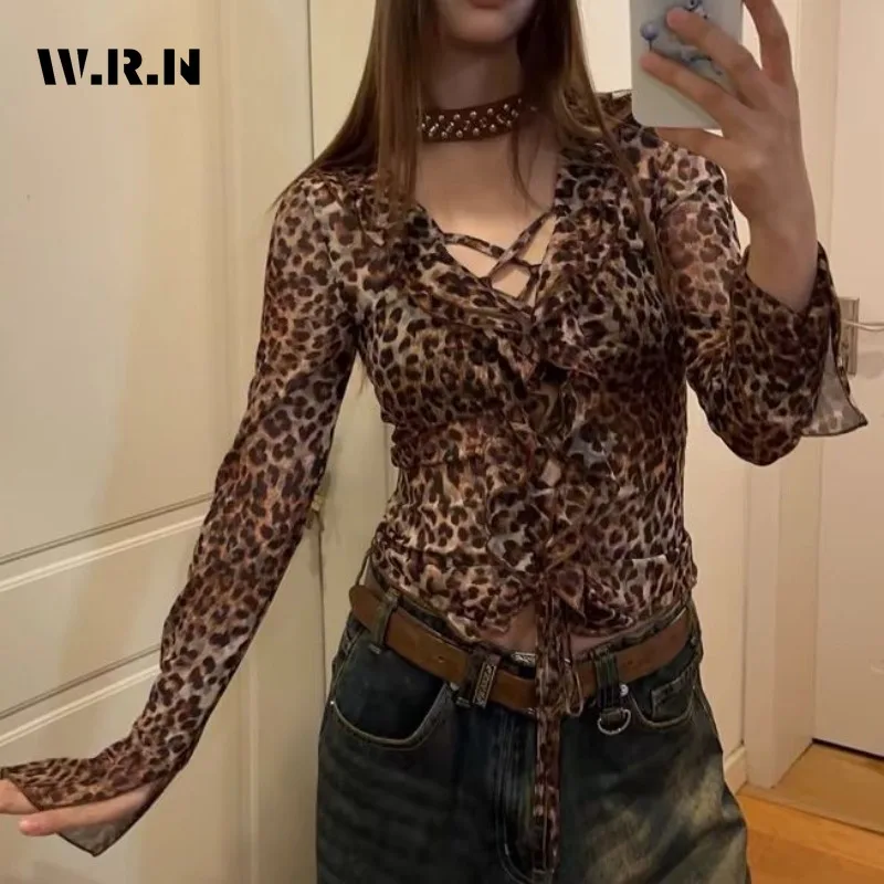 2024 Summer Hotsweet Style Hollow Out Lace-up Long Sleeve Blouses Women Casual Gyaru Leopard Print Fashion Coquette Thin Shirts