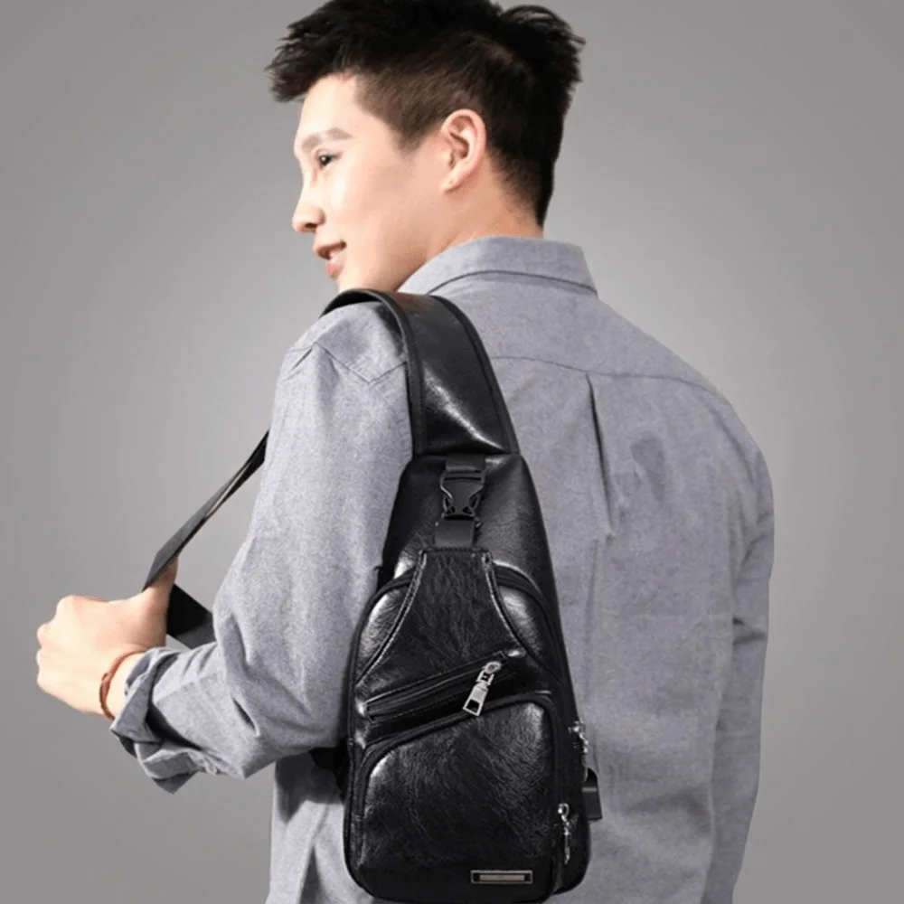 Solid Color Men Chest Bag Multifunctional USB Charging Men's Crossbody Sling Bag Zipper Korean Style Single Shoulder Bag