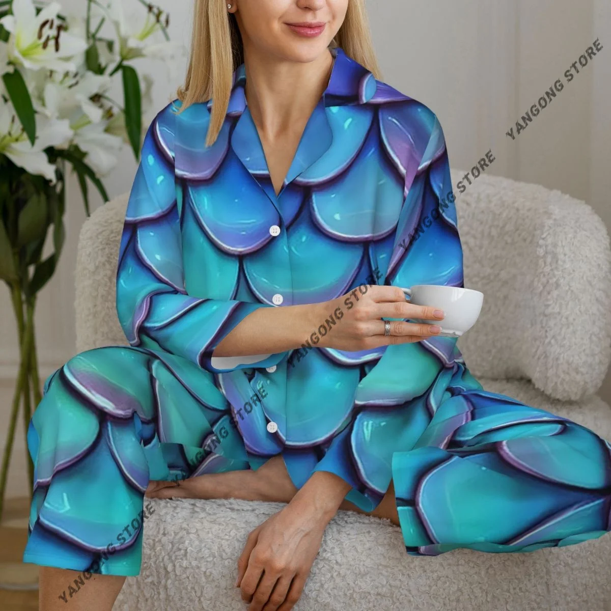 Spring and Autumn Pajama Set Women's Long Sleeve Pants Two Piece Mermaid Teal Fish Scales Home Furnishing Set