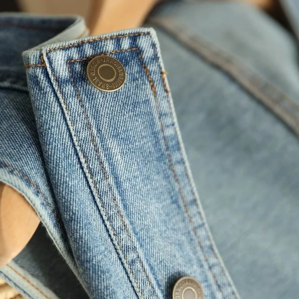Fashion Y2K Vintage Denim Vests Blue Round Neck Button-up Short Coats All Match Streetwear Cropped Sleeveless Jacket Ladies